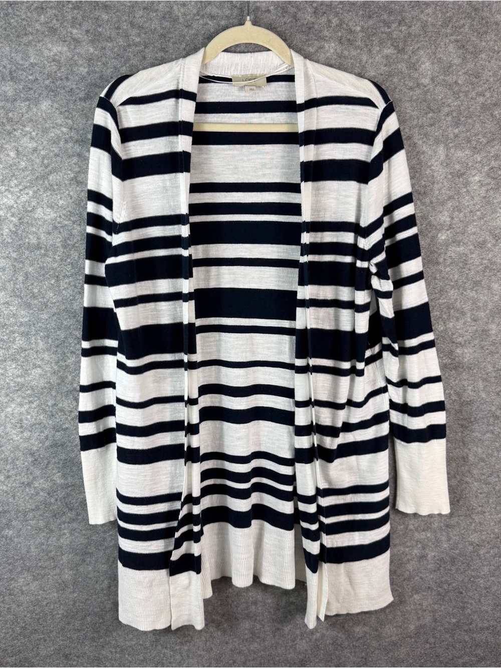 LOFT Outlet Women’s Cardigan Sweater L White Navy Striped Open Front Knit Cotton